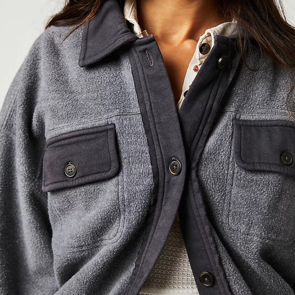 Free People Ruby Shirt Jacket Gray Oversized Button Up Elbow Patches. Size M - Picture 8 of 9